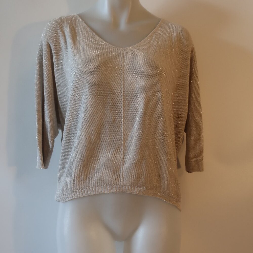 Womens Patchington Gold Silver Metallic Textured Knit V-Neck Sweater S *